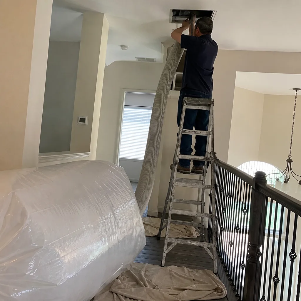 Professional technician performing residential air duct cleaning with a vacuum hose