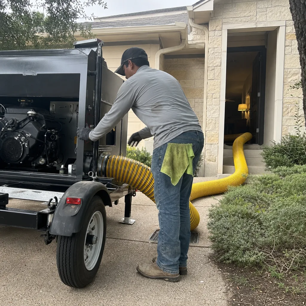 Technician using professional air duct cleaning equipment at a residence