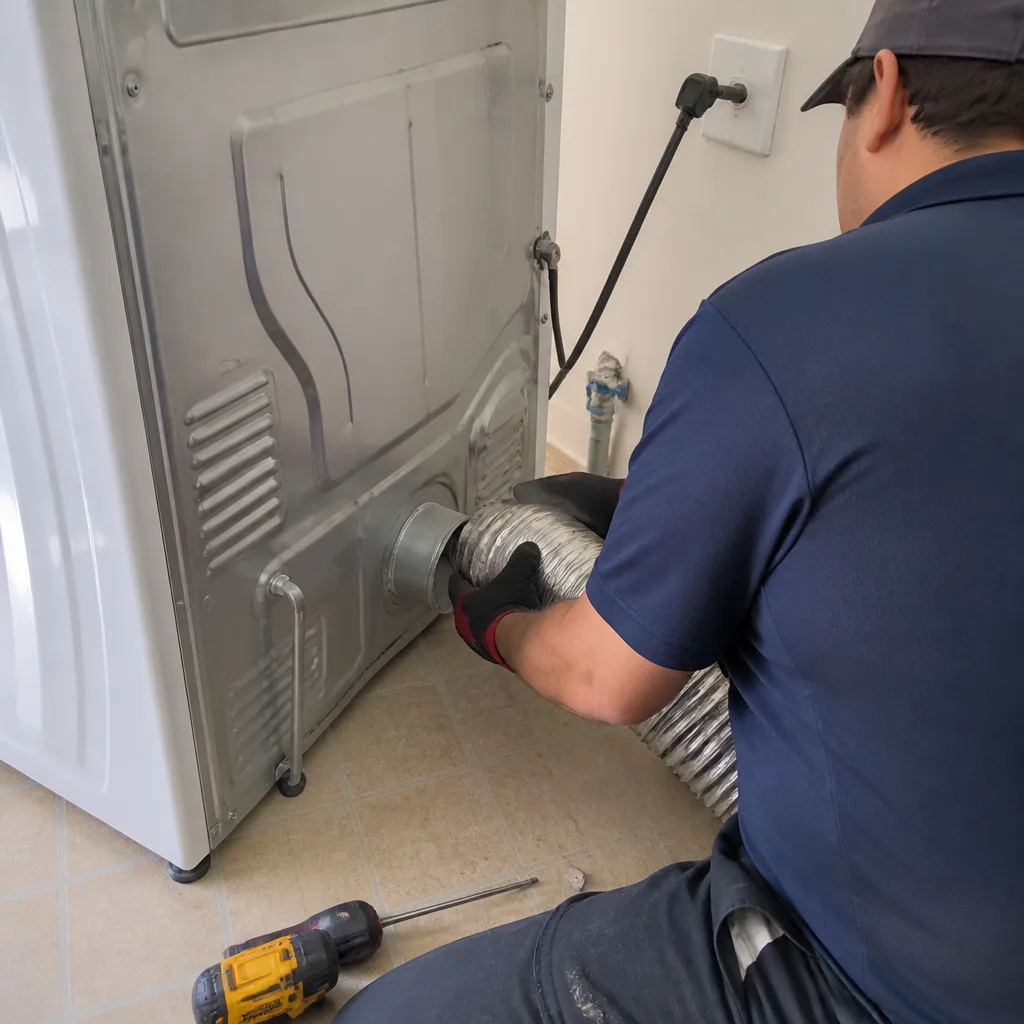 Technician connecting a flexible metal duct to a residential clothes dryer