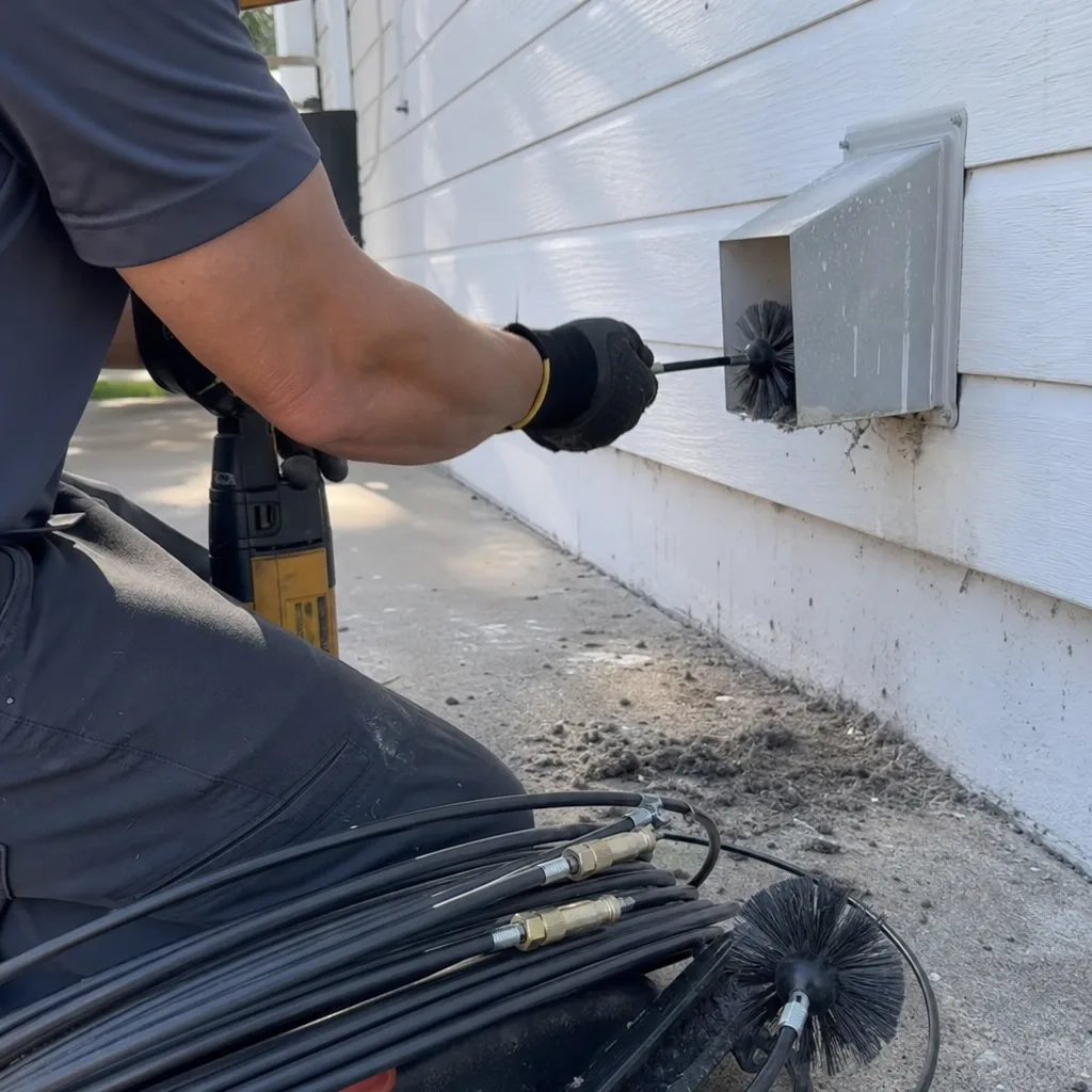 Technician using professional equipment to clean lint from an exterior dryer vent