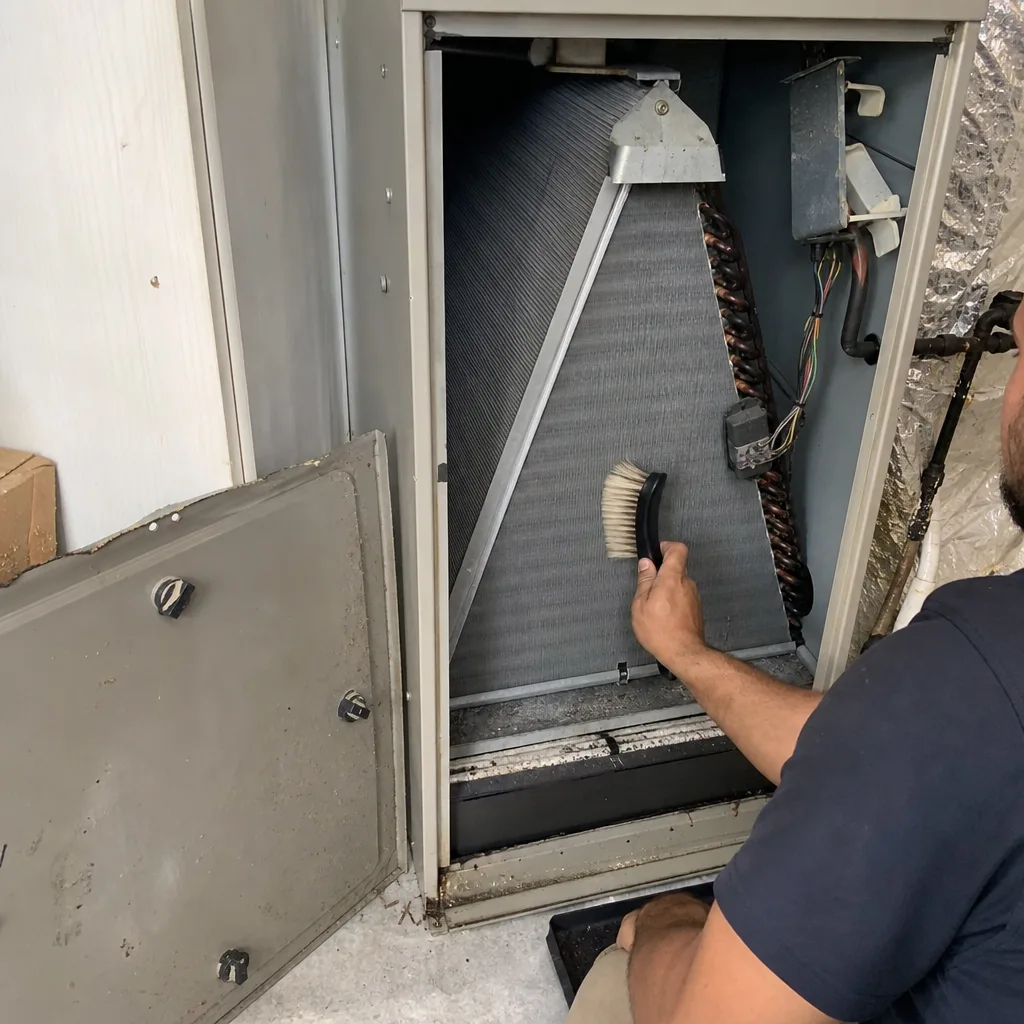 HVAC technician performing professional air conditioning coil cleaning